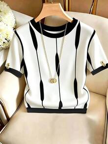 SHEIN Franclia 女款拼色圓領短袖休閒百搭T恤 - 白色 - 查看 3
