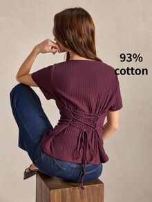 BizChic Burgunderfarbenes geripptes Strick-T-Shirt mit gekreuzten Trägern an der Taille, französischer Stil, elegant, Bandage, lässig, für Pendeln, Büro, Date, Business, Alltag, 90er Old Money Style, Herbst, Halloween, Schulanfang, Kirche, besondere Anlässe, Geburtstag, Hochzeitsgast, Party, Urlaub, Streetstyle, sexy, minimalistisch - Rot-violett - Übersicht 4