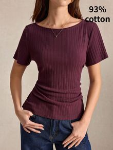 BizChic Burgunderfarbenes geripptes Strick-T-Shirt mit gekreuzten Trägern an der Taille, französischer Stil, elegant, Bandage, lässig, für Pendeln, Büro, Date, Business, Alltag, 90er Old Money Style, Herbst, Halloween, Schulanfang, Kirche, besondere Anlässe, Geburtstag, Hochzeitsgast, Party, Urlaub, Streetstyle, sexy, minimalistisch - Rot-violett - Übersicht 5