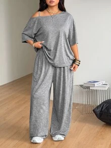 Coolane Women's Plus Size Summer Fall Minimalist Casual Smart Streetwear Daily Wear Vacation Formal Lounge Airport Open Shoulder T-Shirt Two Pieces Gery - Light Grey - View 4