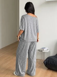 Coolane Women's Plus Size Summer Fall Minimalist Casual Smart Streetwear Daily Wear Vacation Formal Lounge Airport Open Shoulder T-Shirt Two Pieces Gery - Light Grey - View 3