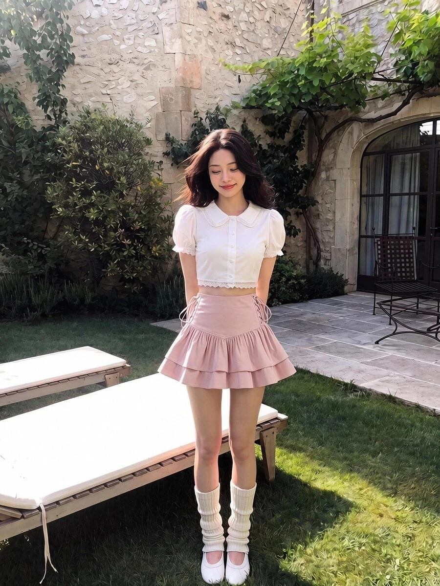 SHEIN MOD Váy nữ Ren lên Viên lá sen Dây kéo phân lớp Thùa khuyết màu trơn Giải trí - Màu Hồng baby - Xem 1
