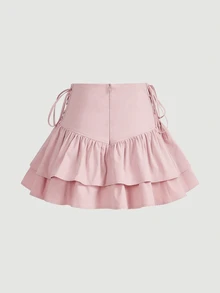 SHEIN MOD Váy nữ Ren lên Viên lá sen Dây kéo phân lớp Thùa khuyết màu trơn Giải trí - Màu Hồng baby - Xem 3