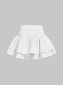 SHEIN MOD Women's Solid Color Waist Grommet Lace-Up Ruffle Hem Skort - White - View 2