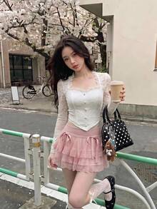 SHEIN MOD Women's Bow Decorated Mesh Layered Skirt - Pink - View 1