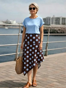 SHEIN LUNE 女款長輩夏季優雅時尚復古圓領寬鬆短袖T恤與波點印花不對稱下擺裙 - 藍色 - 查看 5