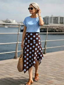SHEIN LUNE 女款長輩夏季優雅時尚復古圓領寬鬆短袖T恤與波點印花不對稱下擺裙 - 藍色 - 查看 6