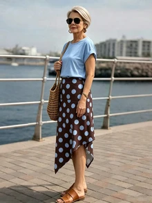 SHEIN LUNE 女款長輩夏季優雅時尚復古圓領寬鬆短袖T恤與波點印花不對稱下擺裙 - 藍色 - 查看 4