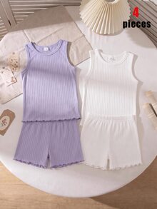 [6套隨機發送2套]少女秋冬針織羅紋圓領背心與短褲8件組 羅紋面料 灰色 棕色 杏色 粉色 多色 熱銷休閒底層內衣 4件 2套 - 彩色 - 查看 6