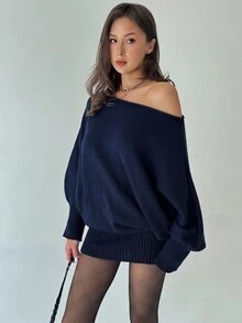 Aloruh Y2K 優雅百搭單肩長袖性感針織洋裝 夜店穿搭 海軍藍 秋季 - 藏蓝色 - 查看 7