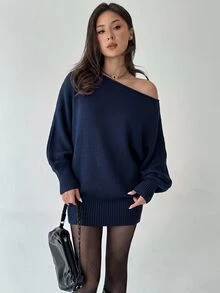 Aloruh Y2K 優雅百搭單肩長袖性感針織洋裝 夜店穿搭 海軍藍 秋季 - 藏蓝色 - 查看 6