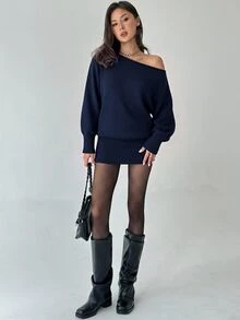Aloruh Y2K 優雅百搭單肩長袖性感針織洋裝 夜店穿搭 海軍藍 秋季 - 藏蓝色 - 查看 3