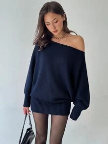 Aloruh Y2K 優雅百搭單肩長袖性感針織洋裝 夜店穿搭 海軍藍 秋季 - 藏蓝色 - 查看 4