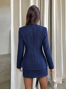 Aloruh 燕麥色西裝套裝，V領設計，金屬裝飾，寬肩顯瘦，專業簡約，適合辦公通勤穿搭 - 藏蓝色 - 查看 2