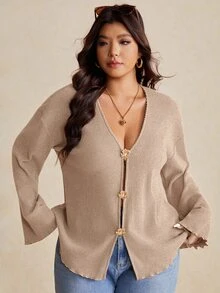 Elaquor Plus Size Women's Solid Color Casual Versatile Daily Long Sleeve Jacket Fall - Khaki - View 4