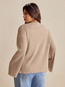 Elaquor Plus Size Women's Solid Color Casual Versatile Daily Long Sleeve Jacket Fall - Khaki - View 2
