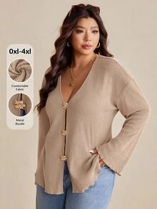 Elaquor Plus Size Women's Solid Color Casual Versatile Daily Long Sleeve Jacket Fall - Khaki - View 7