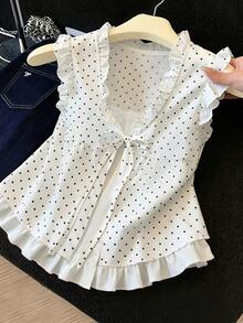 GlowEve Women's Polka Dot Print Fashionable Elegant Tie-Front Ruffle Hem Blouse - Black and White - View 1