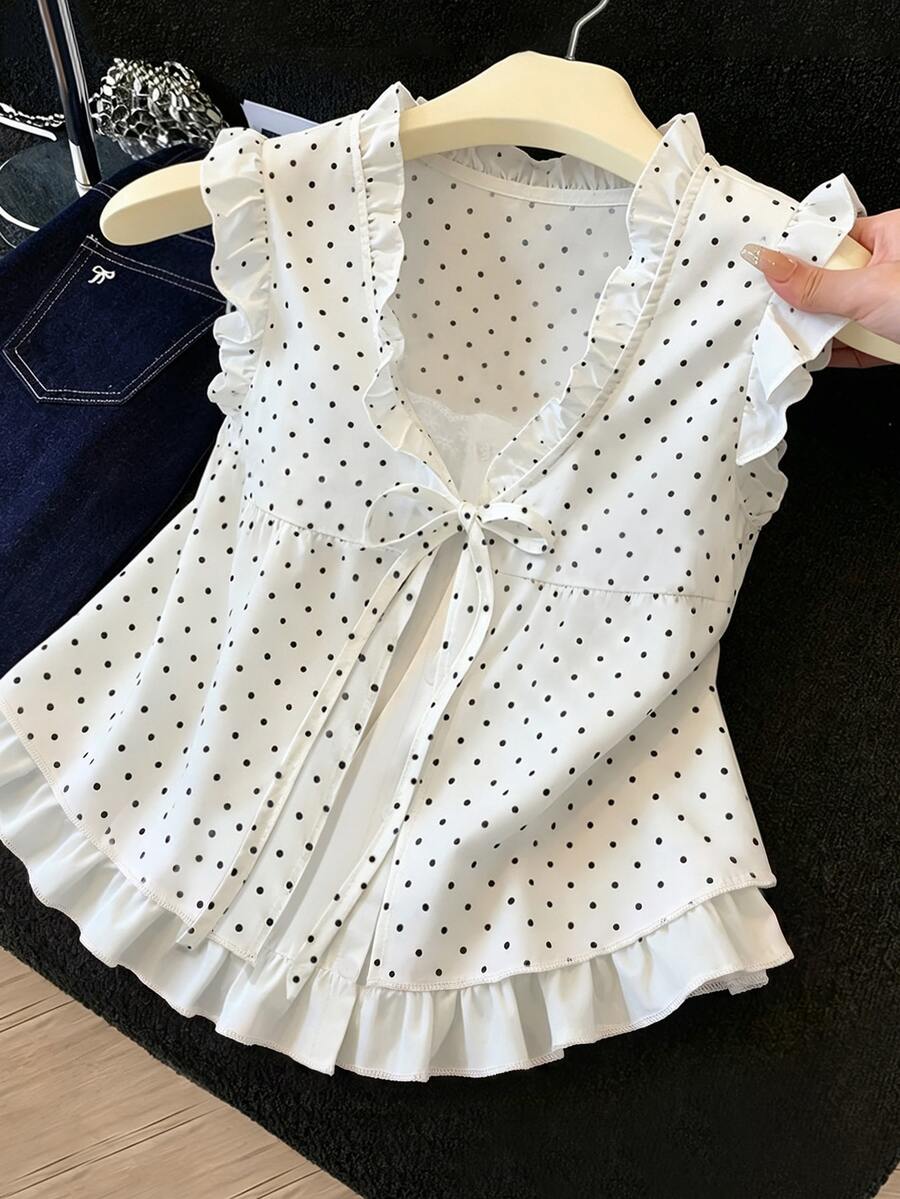 GlowEve Women's Polka Dot Print Fashionable Elegant Tie-Front Ruffle Hem Blouse - Black and White - View 1