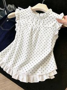 GlowEve Women's Polka Dot Print Fashionable Elegant Tie-Front Ruffle Hem Blouse - Black and White - View 2