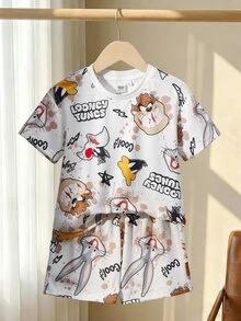LOONEY TUNES X SHEIN 小男孩簡約圖案印花T恤短褲套裝 - 白色 - 查看 2