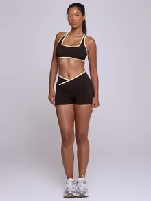 Musera Sport Scoop Neck Contrast Edge Cropped Sports Coord Bra Butter Yellow Fall Winter Autumn Gym Pilates Fitness Daily Casual - Coffee Brown - View 5