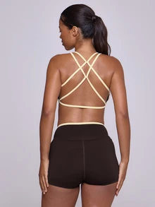 Musera Sport Scoop Neck Contrast Edge Cropped Sports Coord Bra Butter Yellow Fall Winter Autumn Gym Pilates Fitness Daily Casual - Coffee Brown - View 4