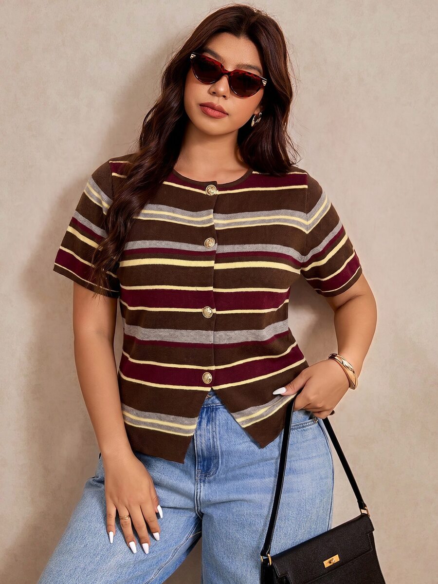 Elaquor Plus Size Women's Striped Short Sleeve Single-Breasted Knit Cardigan Top