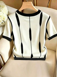 SHEIN Franclia 女士撞色圆领短袖休闲百搭T恤 - 米色 - 查看 2