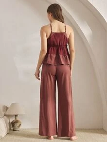 Ocili Conjunto de pijama de top de tirantes con volantes en el bajo y pantalón de pierna ancha para mujer - Rosa Roja - Ver 2