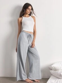 Ocili Women's Spring/Summer Minimalist Fashion White Fitted Criss-Cross Back Camisole Top & Low Waist Loose Straight Leg Long Pants Pajama Set - Multicolor - View 6