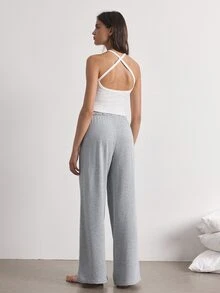 Ocili Women's Spring/Summer Minimalist Fashion White Fitted Criss-Cross Back Camisole Top & Low Waist Loose Straight Leg Long Pants Pajama Set - Multicolor - View 2