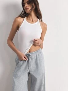 Ocili Women's Spring/Summer Minimalist Fashion White Fitted Criss-Cross Back Camisole Top & Low Waist Loose Straight Leg Long Pants Pajama Set - Multicolor - View 4