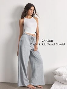 Ocili Women's Spring/Summer Minimalist Fashion White Fitted Criss-Cross Back Camisole Top & Low Waist Loose Straight Leg Long Pants Pajama Set - Multicolor - View 1