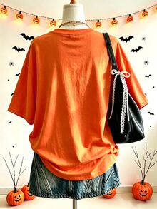 Lalippa Women's Halloween Pumpkin Pattern T-Shirt, Beaded Button Print Orange T-Shirt, Casual Round Neck Short Sleeve Holiday Top, Suitable For Autumn Holiday Wear - White - View 2