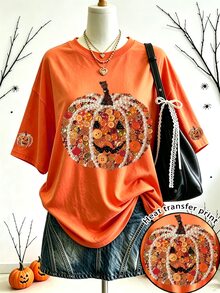 Lalippa Women's Halloween Pumpkin Pattern T-Shirt, Beaded Button Print Orange T-Shirt, Casual Round Neck Short Sleeve Holiday Top, Suitable For Autumn Holiday Wear - White - View 1