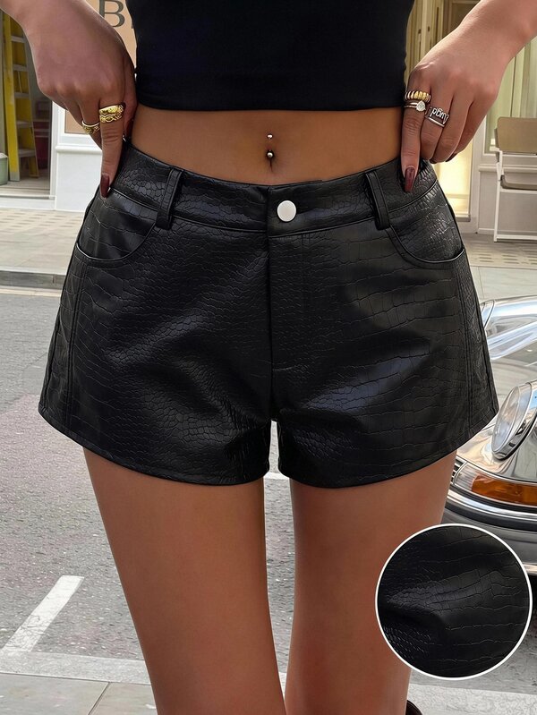 Muchica Women's New Autumn Black Textured PU Leather Low Waist Shorts For Going Out, Streetwear, Y2K