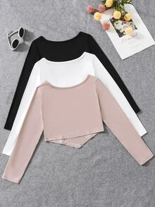 SHEIN Sparklyn Tween Girl 3pcs Solid Color Long Sleeve T-Shirt Set,Light Pink,Summer,Basic,School,Back-To-School Comfortable Casual Tops For Daily Wear - Multicolor - View 2