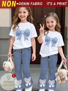 Spring Summer Autumn Girls Fashion Creative Fresh Shiny Blue Bow Pattern Print Casual Basic Short T-Shirt And Flared Pants Set, Cozy Fall Styles - Multicolor - View 3