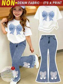 Spring Summer Autumn Girls Fashion Creative Fresh Shiny Blue Bow Pattern Print Casual Basic Short T-Shirt And Flared Pants Set, Cozy Fall Styles - Multicolor - View 1