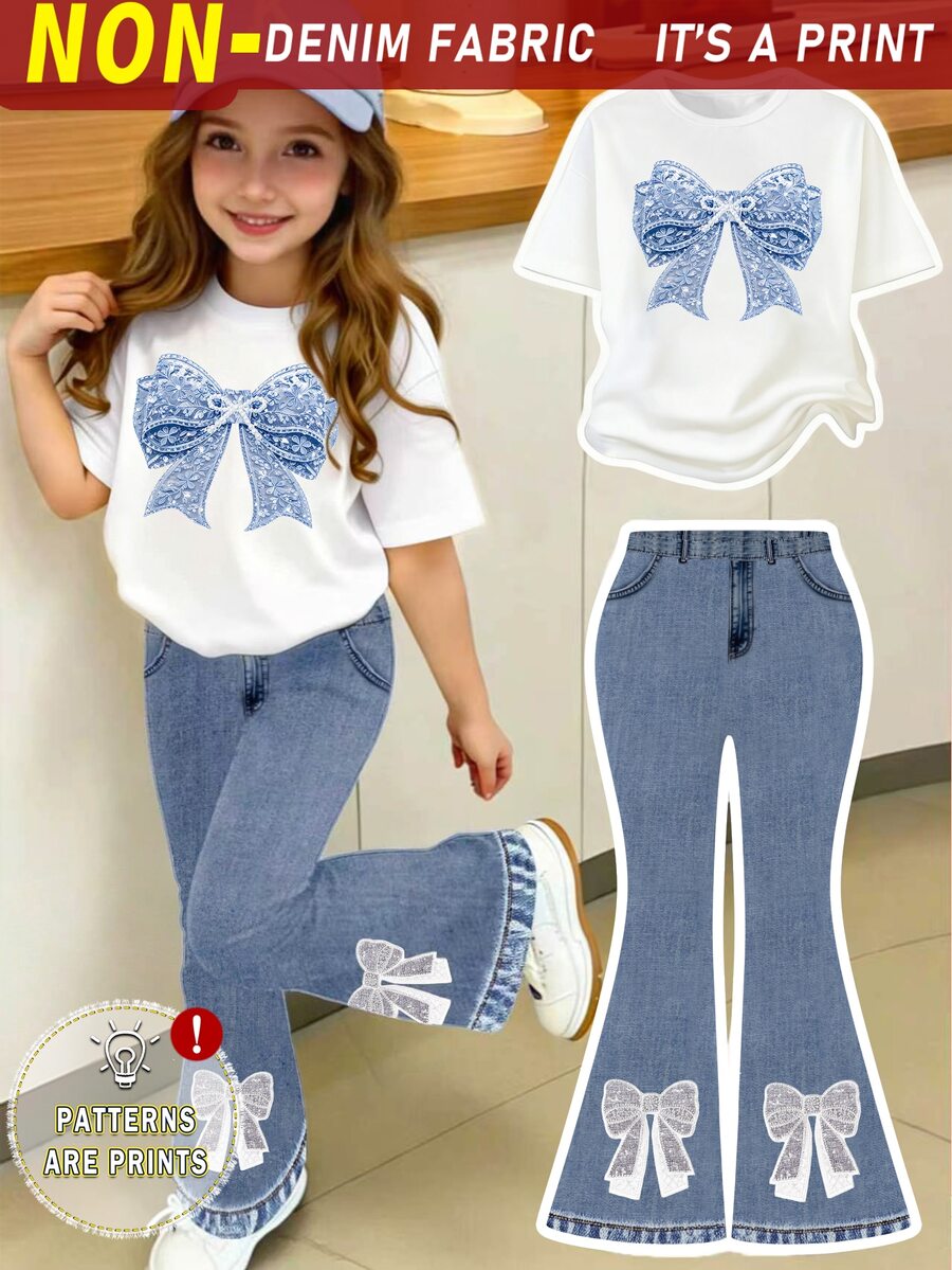 Spring Summer Autumn Girls Fashion Creative Fresh Shiny Blue Bow Pattern Print Casual Basic Short T-Shirt And Flared Pants Set, Cozy Fall Styles - Multicolor - View 1