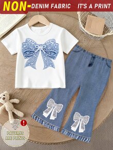 Spring Summer Autumn Girls Fashion Creative Fresh Shiny Blue Bow Pattern Print Casual Basic Short T-Shirt And Flared Pants Set, Cozy Fall Styles - Multicolor - View 4