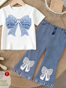 Spring Summer Autumn Girls Fashion Creative Fresh Shiny Blue Bow Pattern Print Casual Basic Short T-Shirt And Flared Pants Set, Cozy Fall Styles - Multicolor - View 7