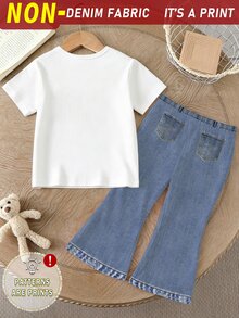 Spring Summer Autumn Girls Fashion Creative Fresh Shiny Blue Bow Pattern Print Casual Basic Short T-Shirt And Flared Pants Set, Cozy Fall Styles - Multicolor - View 2