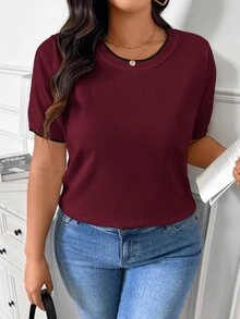Lounesse Plus Size French Casual Minimalist Color Block Trim Knit Top, Spring New Arrival, Khaki - Burgundy - View 1