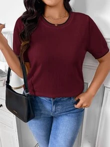 Lounesse Plus Size French Casual Minimalist Color Block Trim Knit Top, Spring New Arrival, Khaki - Burgundy - View 3