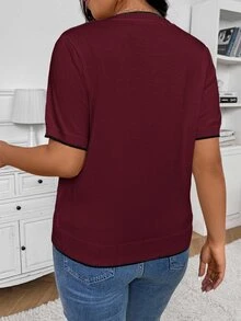 Lounesse Plus Size French Casual Minimalist Color Block Trim Knit Top, Spring New Arrival, Khaki - Burgundy - View 2