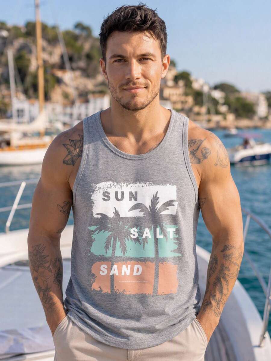 VIVINTIMO Camiseta sin mangas para hombre con estampado de árbol de coco gris claro, vacaciones - Gris Claro - Ver 1