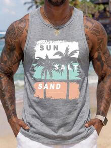 VIVINTIMO Camiseta sin mangas para hombre con estampado de árbol de coco gris claro, vacaciones - Gris Claro - Ver 2