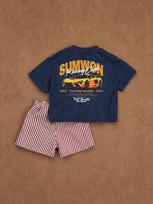 SUMWON Kids Racing Car Graphic Tee And Striped Shorts Two-Piece Set Summer Casual Outfit Racing Club Future Racer Print - Multicolor - View 1